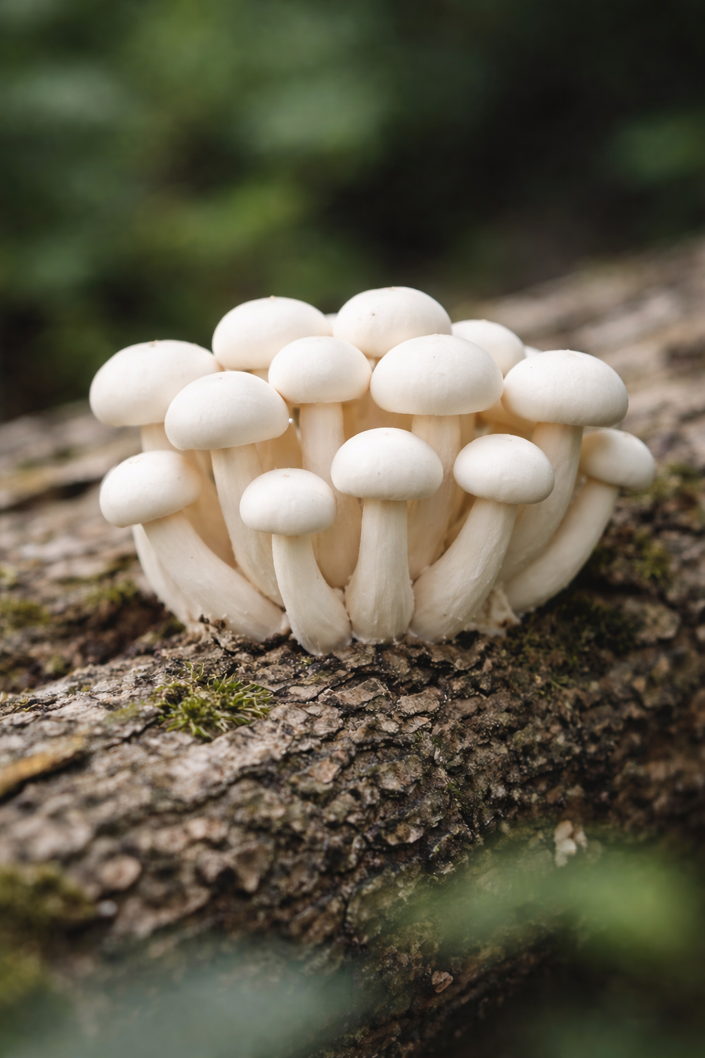 cogumelos shimeji em tronco musgoso